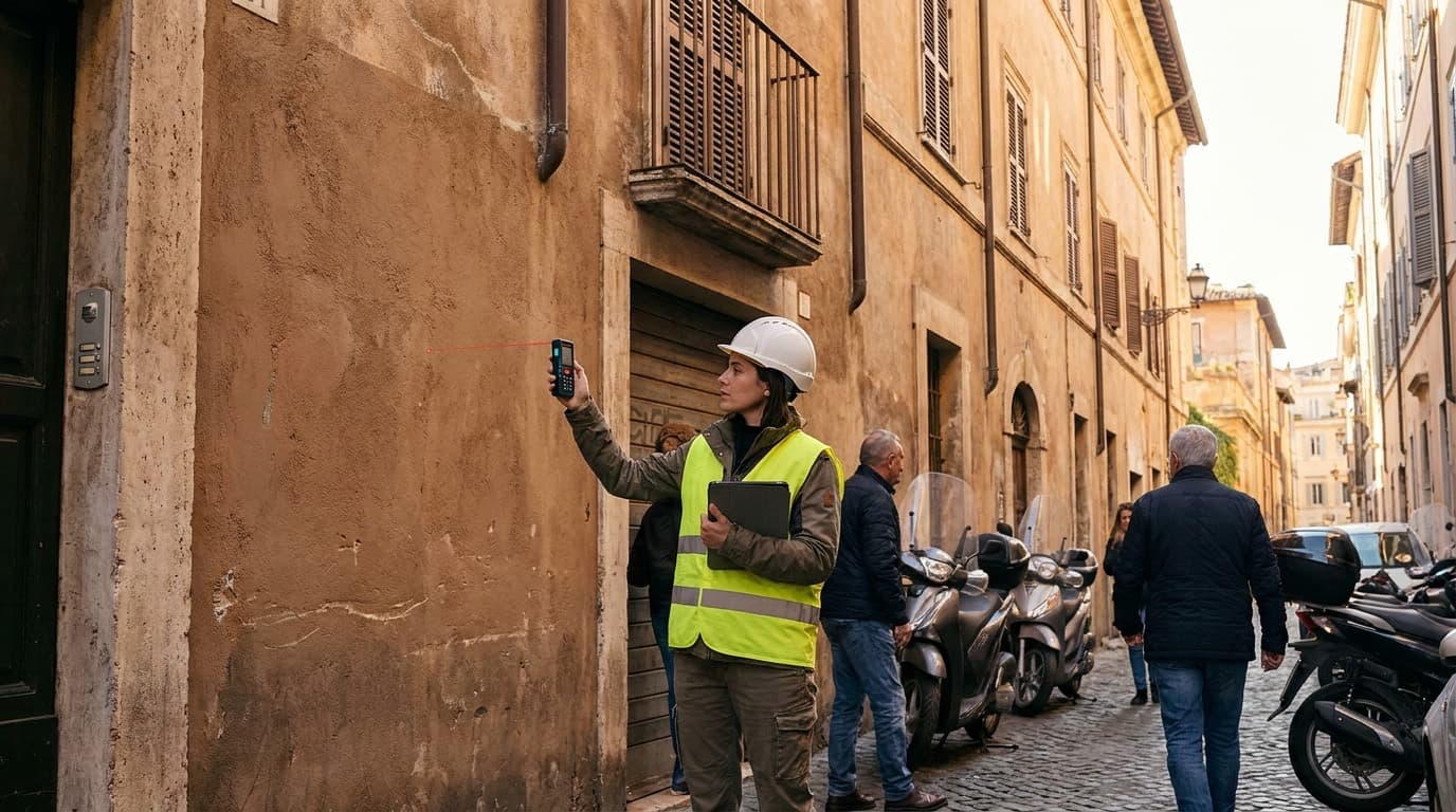 Tecnica con casco e gilet ad alta visibilità misura con un distanziometro laser la facciata di un vecchio palazzo in una via lastricata