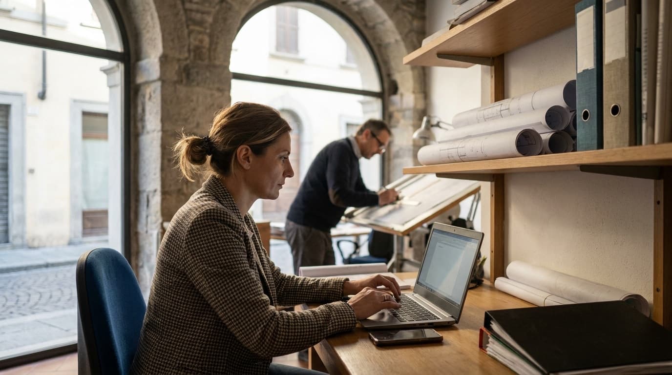 Professionista lavora al portatile in uno studio tecnico con archi in pietra mentre un collega disegna al tavolo tecnico sullo sfondo