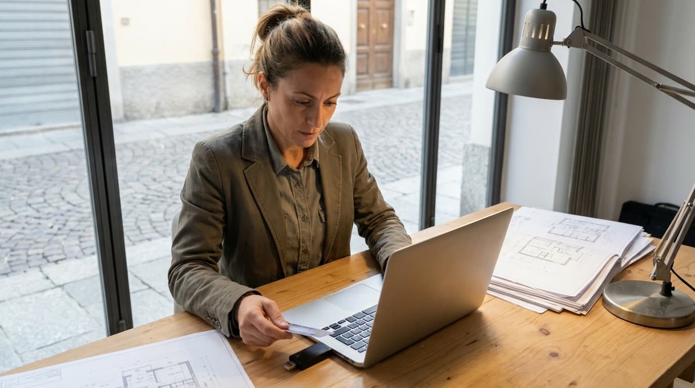 Ingegnera alla scrivania dello studio con una tessera in mano e un token USB accanto al portatile, tra tavole di progetto e lampada