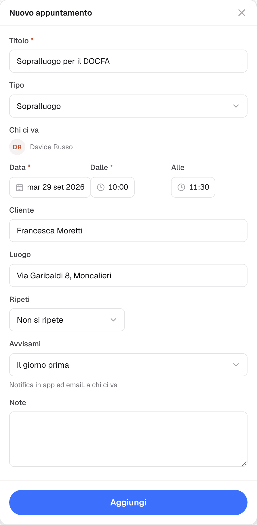 Finestra Nuovo appuntamento con titolo, tipo sopralluogo, collaboratore assegnato, data, orari e promemoria