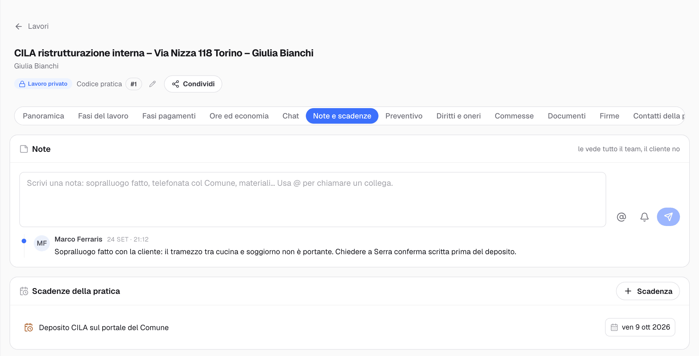 Tab Note e scadenze di una pratica con una nota del sopralluogo e la scadenza del deposito della CILA
