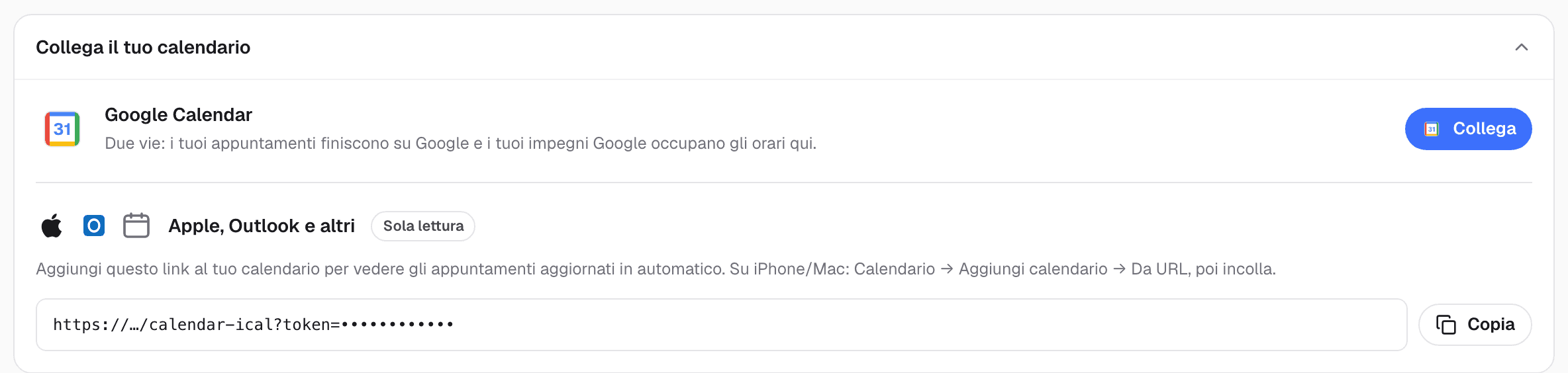 Card Collega il tuo calendario con Google Calendar in due direzioni e il link iCal per Apple e Outlook