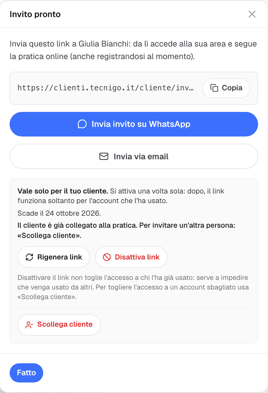 Finestra Invito pronto con il link per il cliente, i pulsanti WhatsApp ed email e le opzioni per rigenerarlo