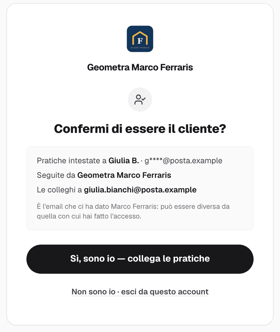 Schermata Confermi di essere il cliente con le pratiche intestate e il pulsante per collegarle all'account