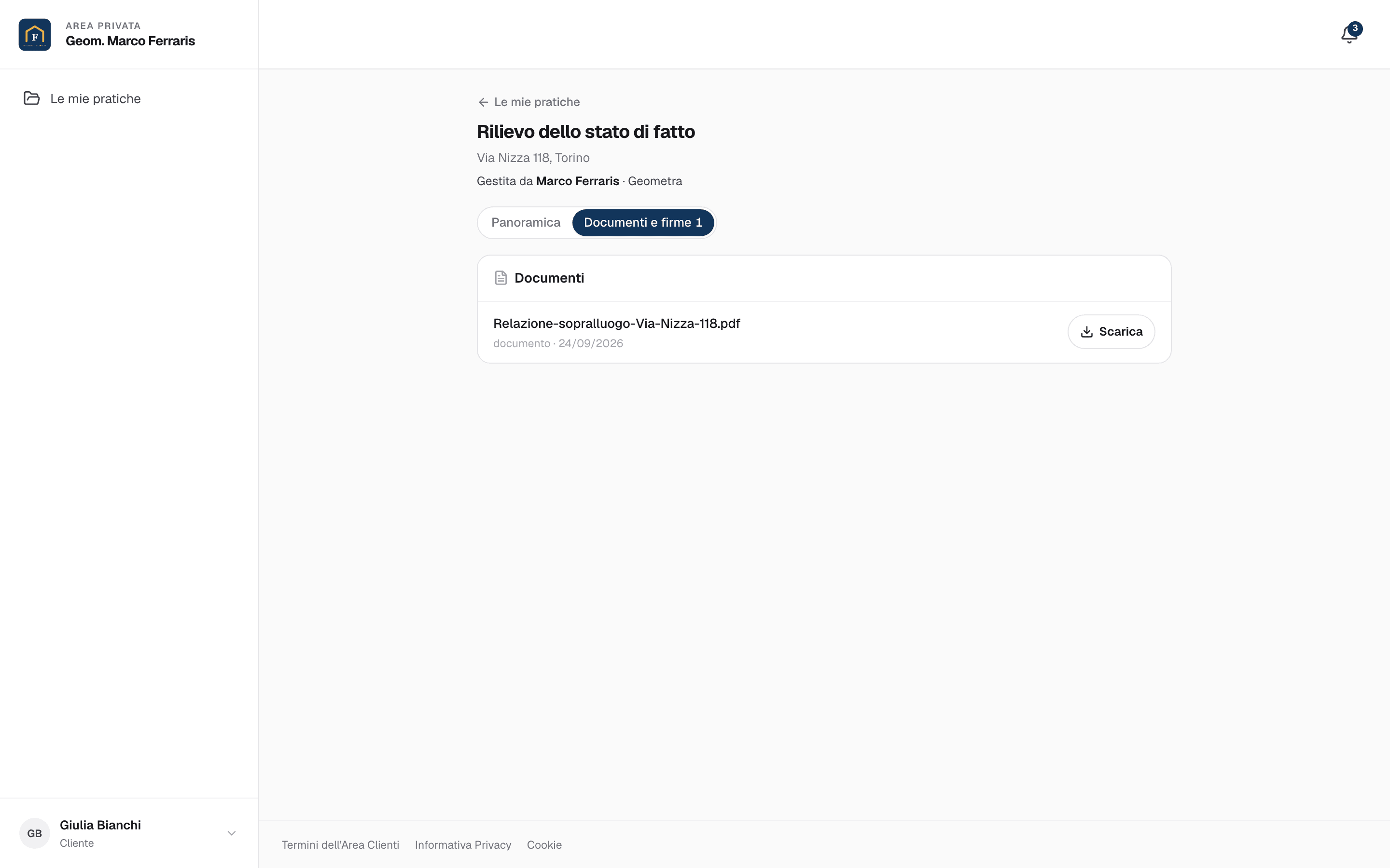 Scheda Documenti e firme dell'area cliente con la relazione di sopralluogo condivisa dallo studio