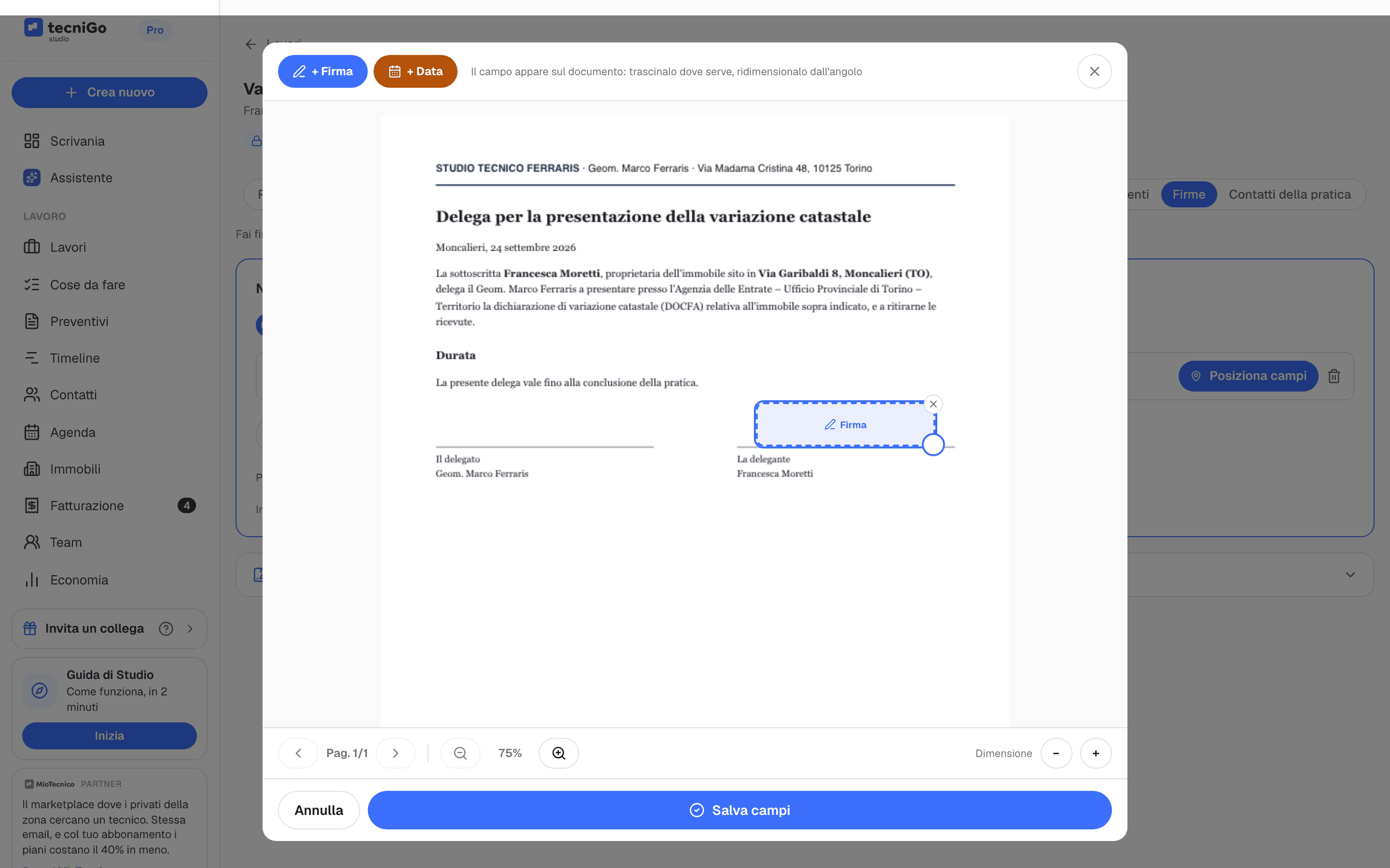 Editor per posizionare il campo firma sul PDF della delega con i pulsanti Firma, Data e Salva campi