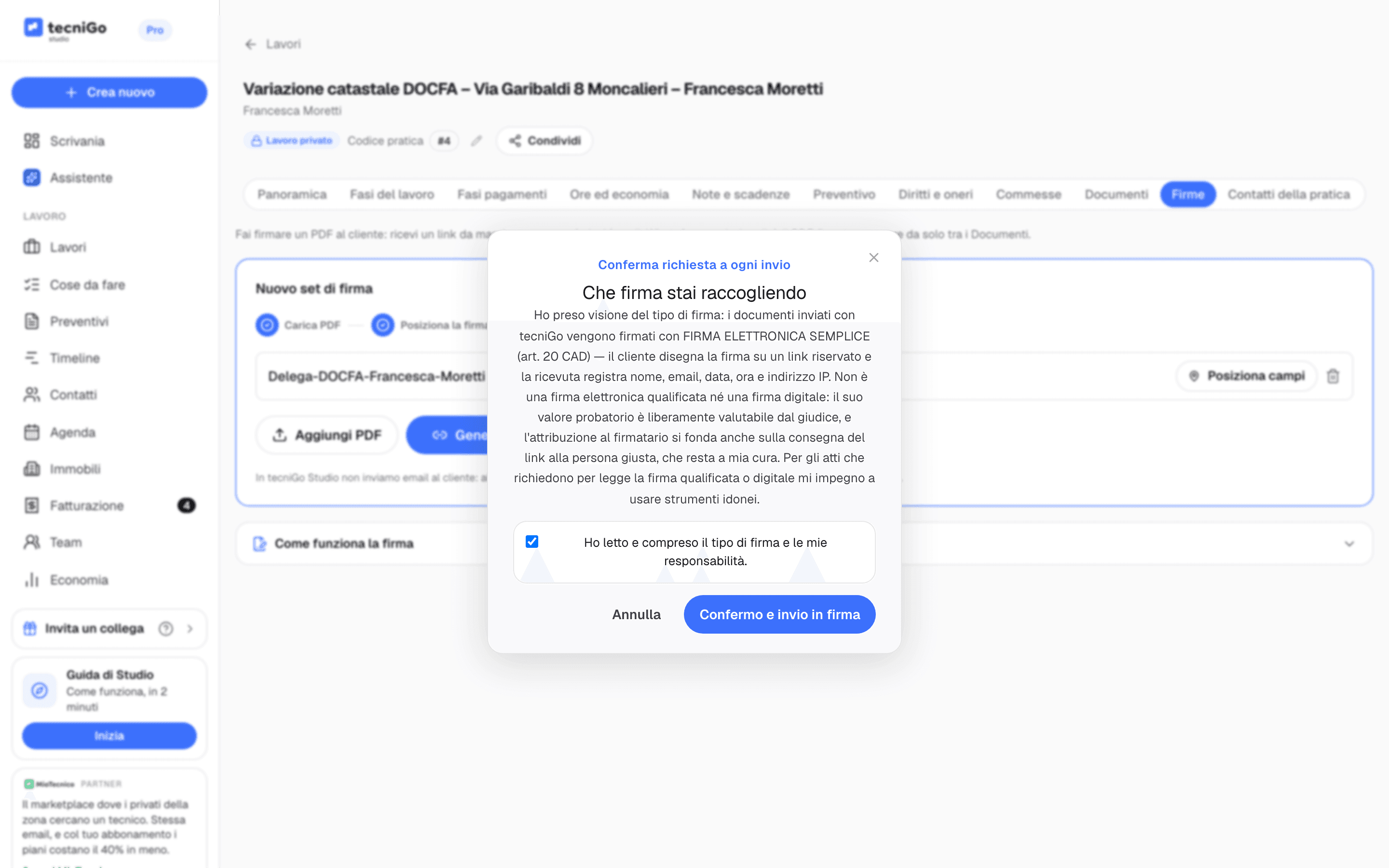 Finestra Presa visione del tipo di firma con la spiegazione della firma elettronica semplice e la conferma
