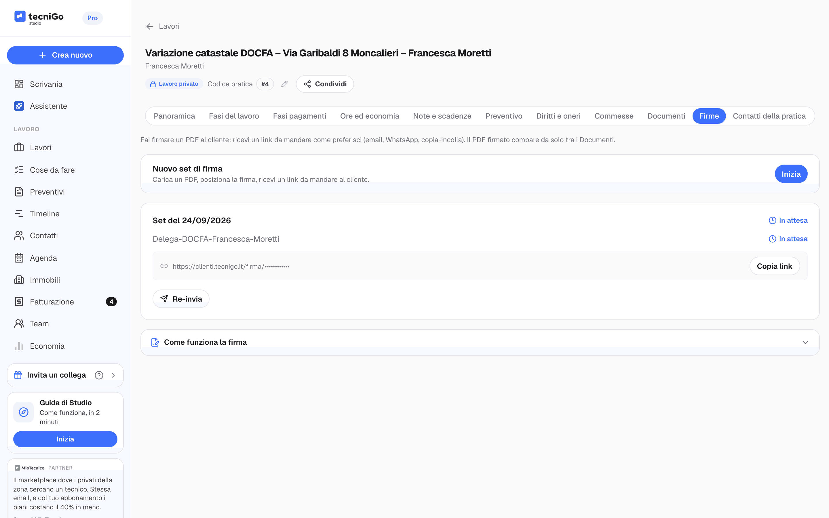 Set di firma in attesa con il link da mandare al cliente e i pulsanti per copiarlo o reinviarlo