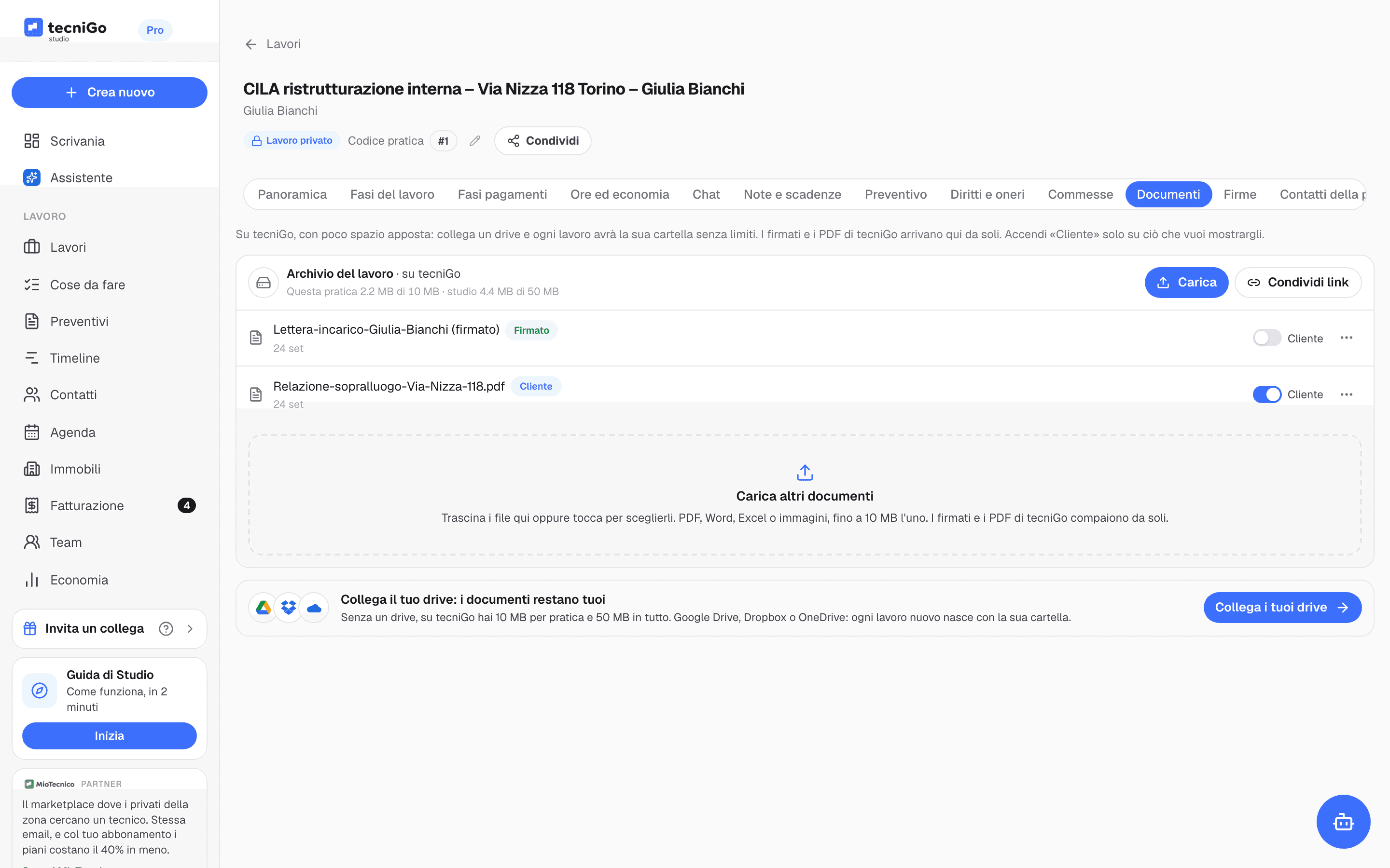 Tab Documenti della pratica con il PDF firmato comparso da solo accanto agli altri documenti del lavoro