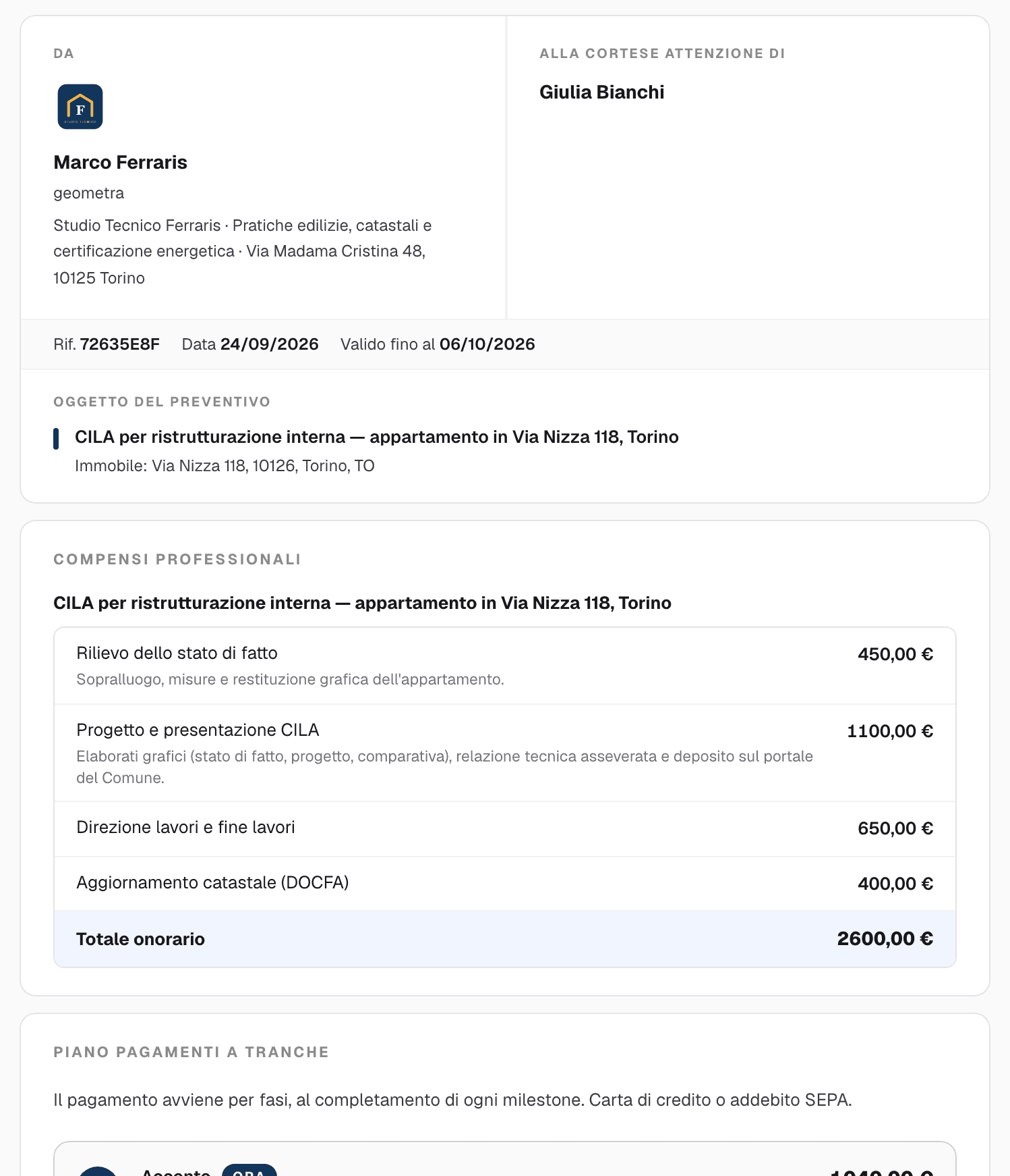 Preventivo online con logo, nome e intestazione dello studio tecnico, destinatario e compensi professionali