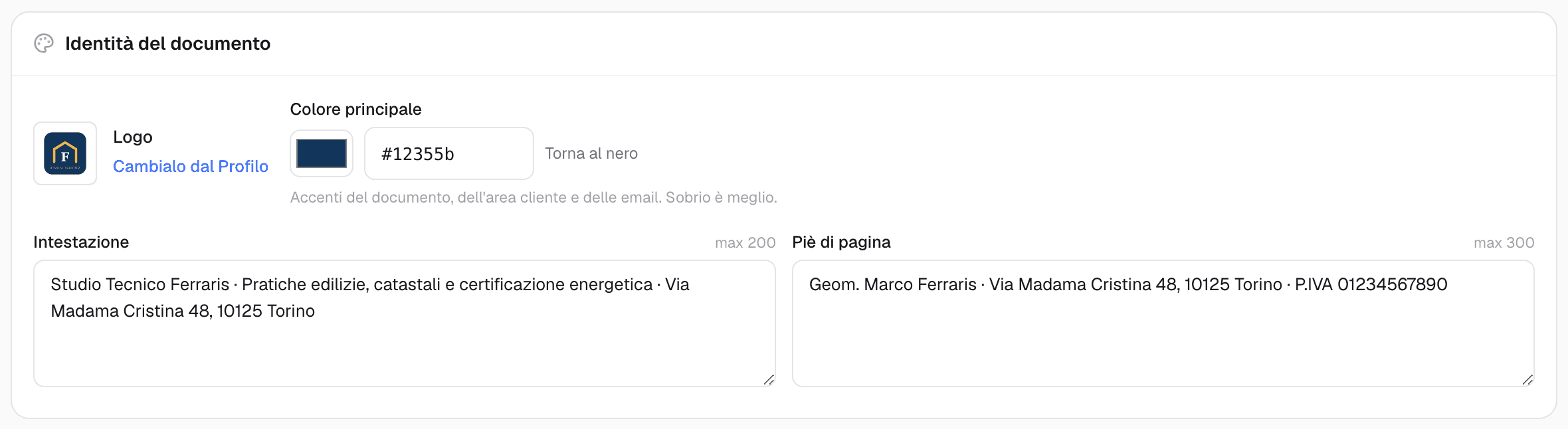 Impostazioni del preventivo con logo dello studio, colore principale, intestazione e piè di pagina del documento