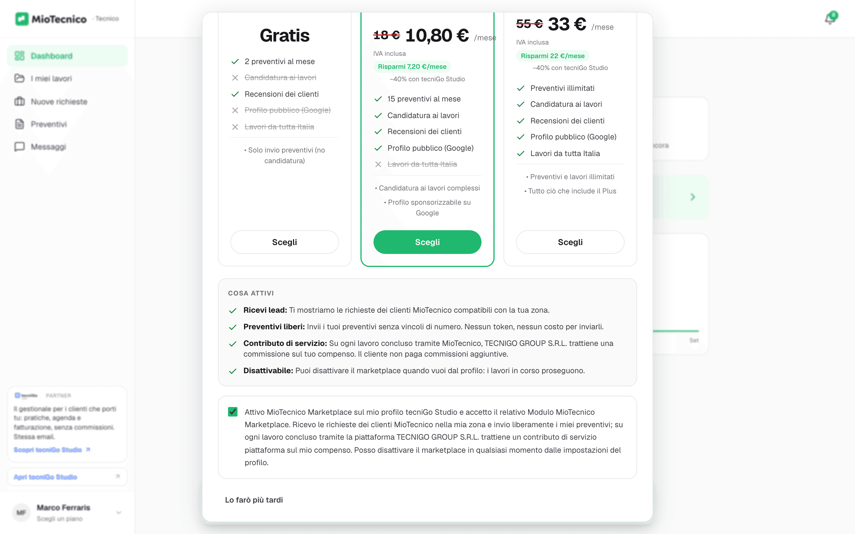 Scelta del piano MioTecnico con Free, Plus e Studi Tecnici, lo sconto del 40 per cento e il consenso al Modulo