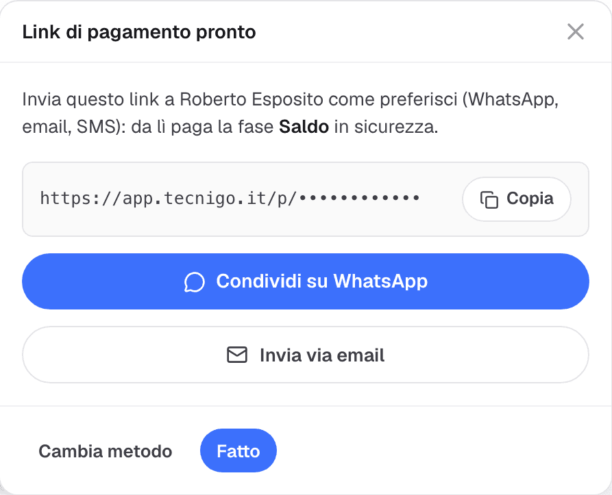 Finestra Link di pagamento pronto con il link da copiare e i pulsanti per inviarlo su WhatsApp o per email