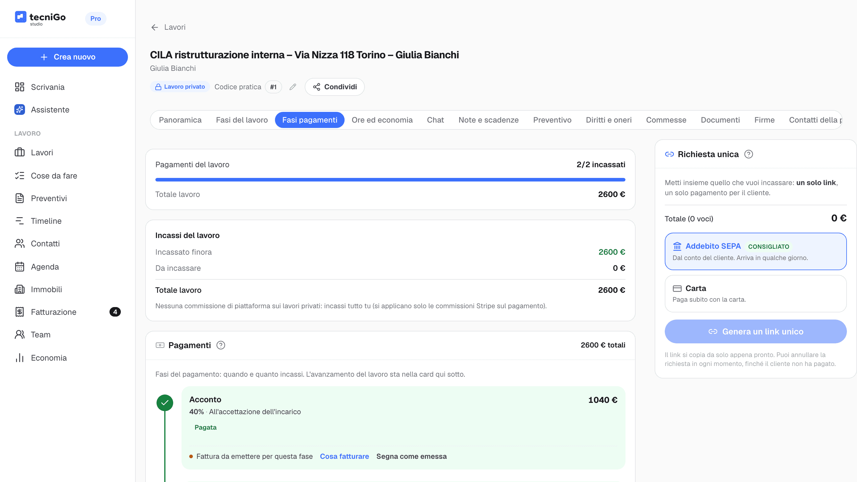 Pagamenti a tranche con link, carta o SEPA: come incassare con tecniGo Studio
