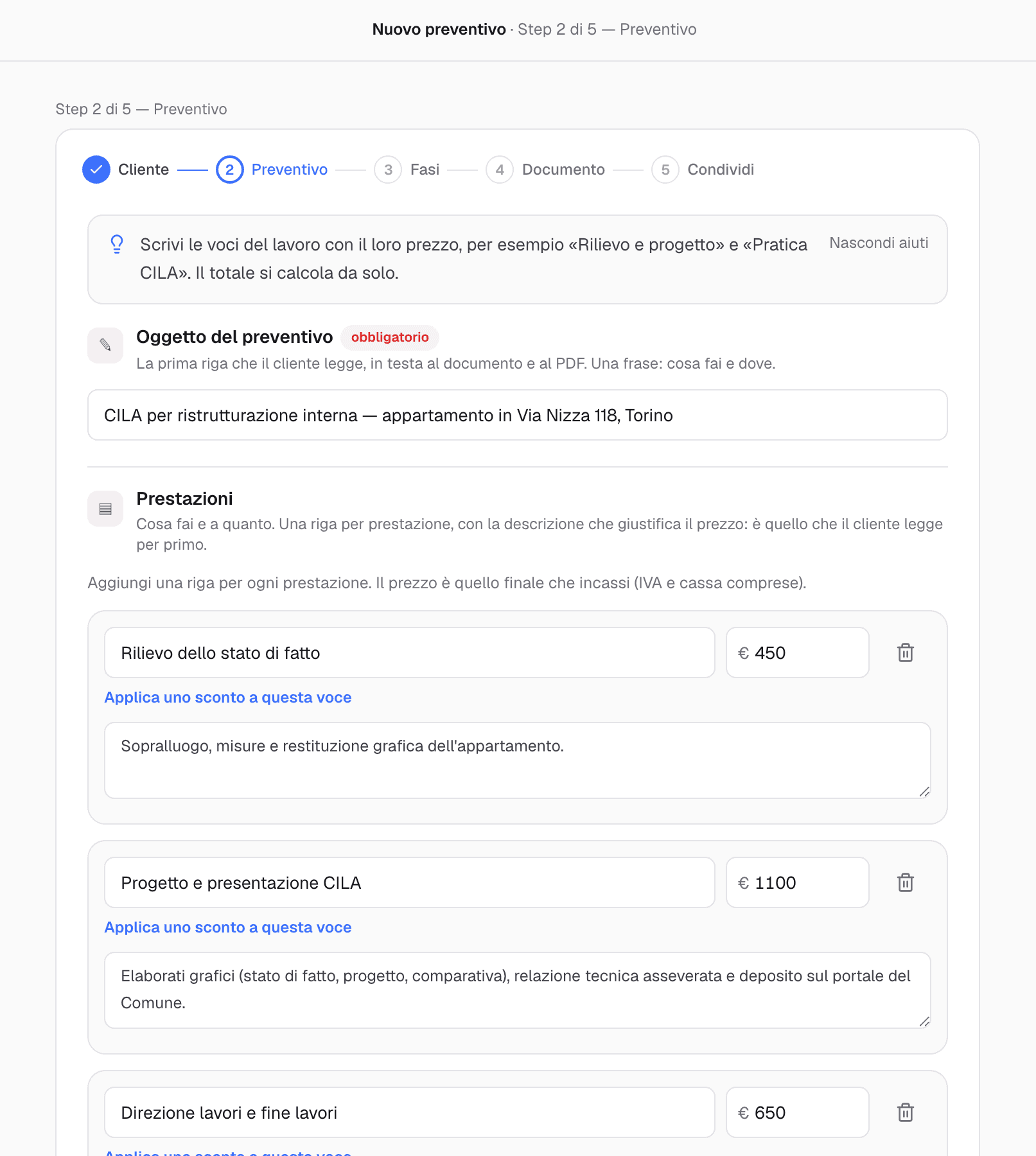 Passo Preventivo del wizard con l'oggetto del lavoro e le prestazioni della CILA con importi e descrizioni