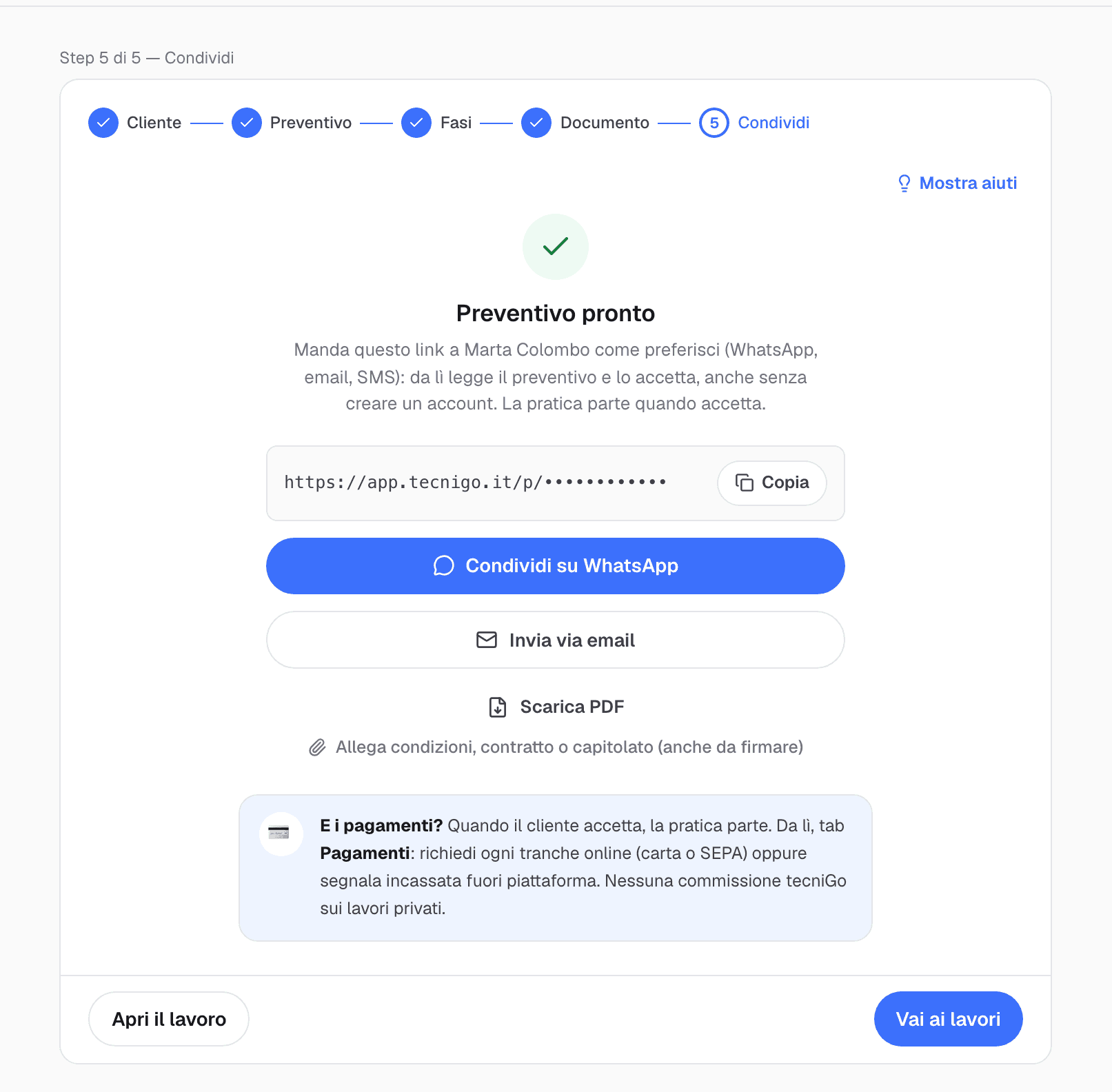 Schermata Preventivo pronto con il link da condividere, i pulsanti WhatsApp ed email e il download del PDF