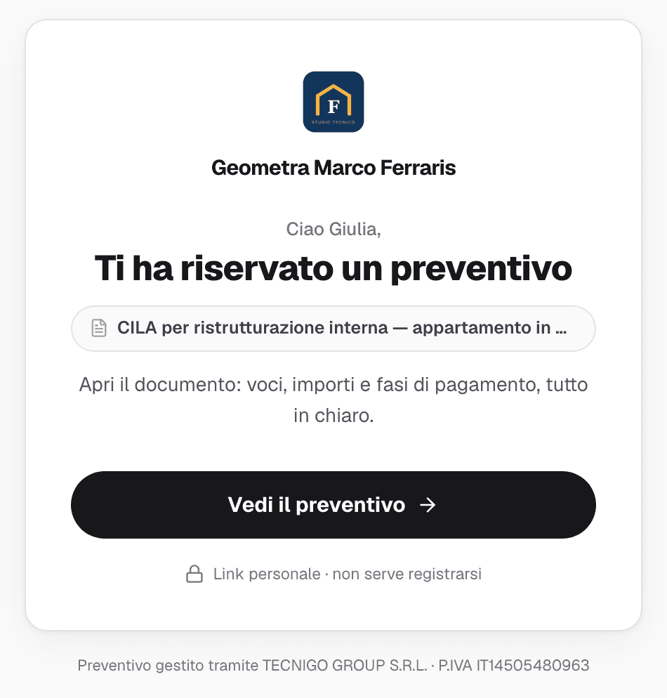 Pagina che riceve il cliente con il logo dello studio e il messaggio Ti ha riservato un preventivo