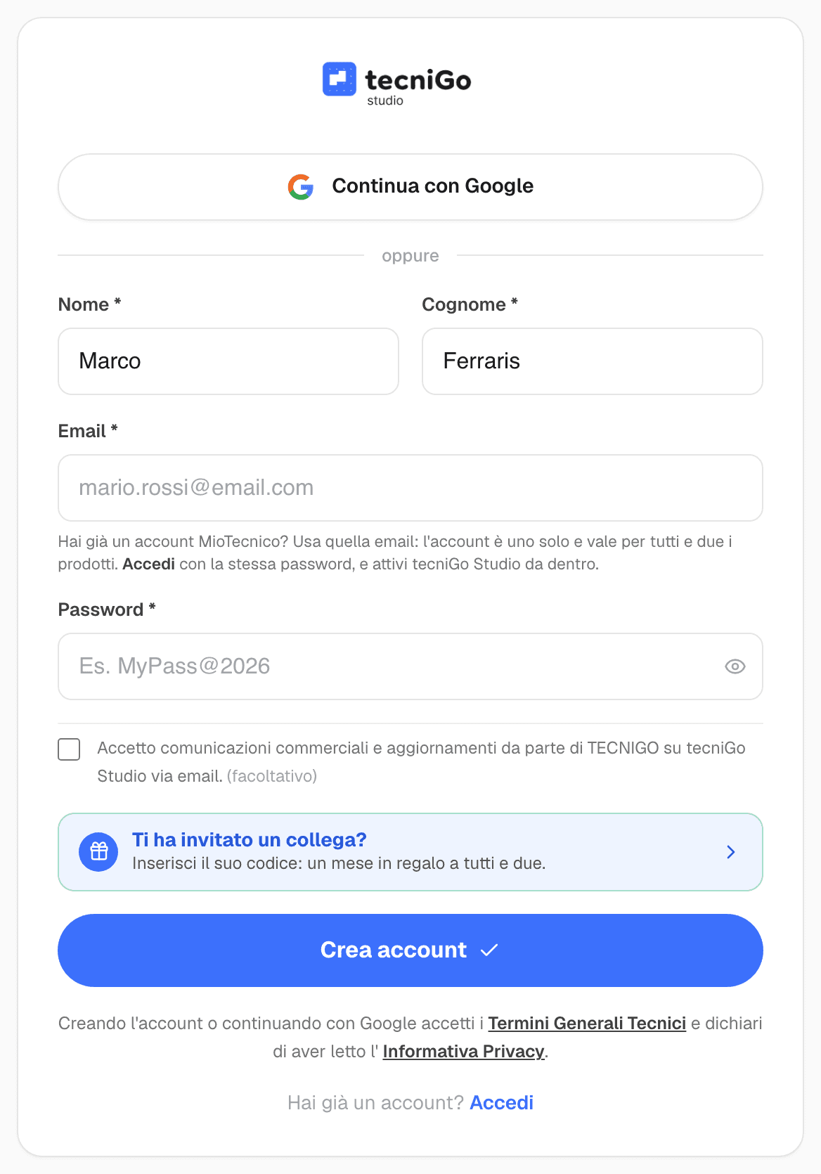 Modulo di registrazione di tecniGo Studio con nome, cognome, email, password e il pulsante Crea account