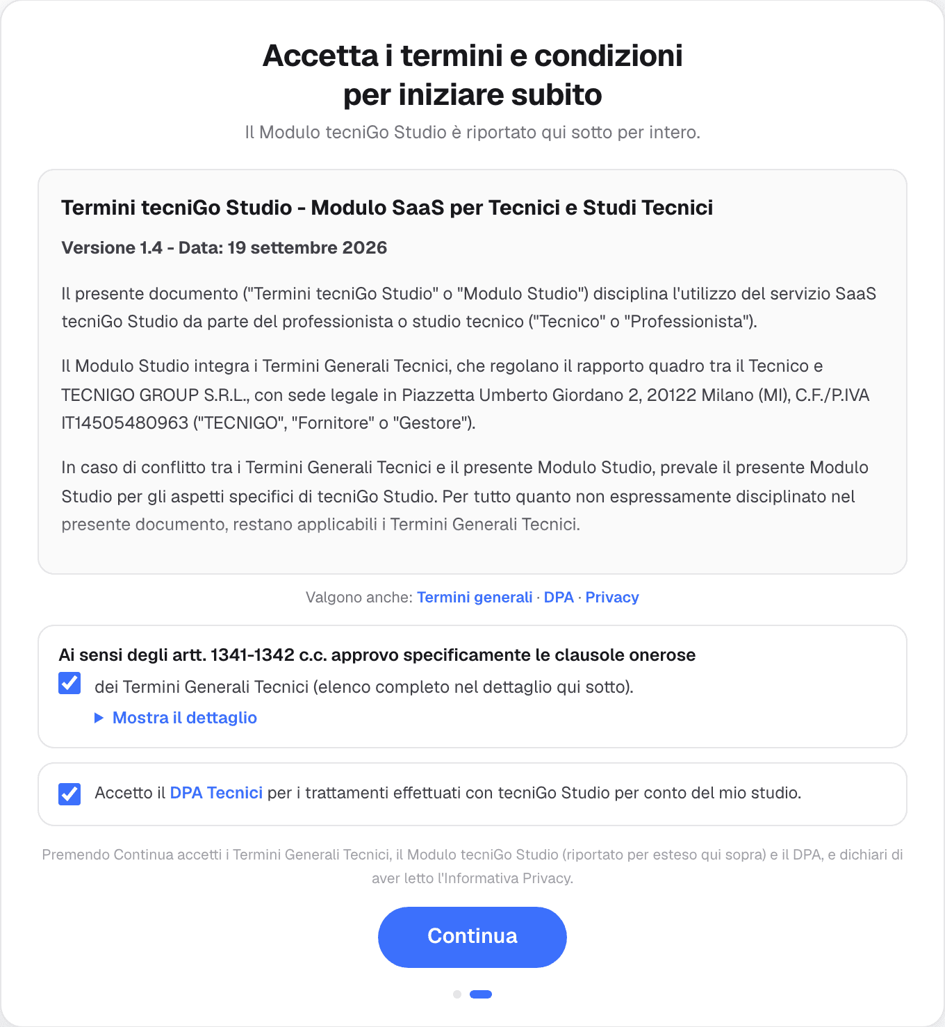 Schermata di attivazione della prova di tecniGo Studio con i termini del Modulo Studio e le spunte da accettare