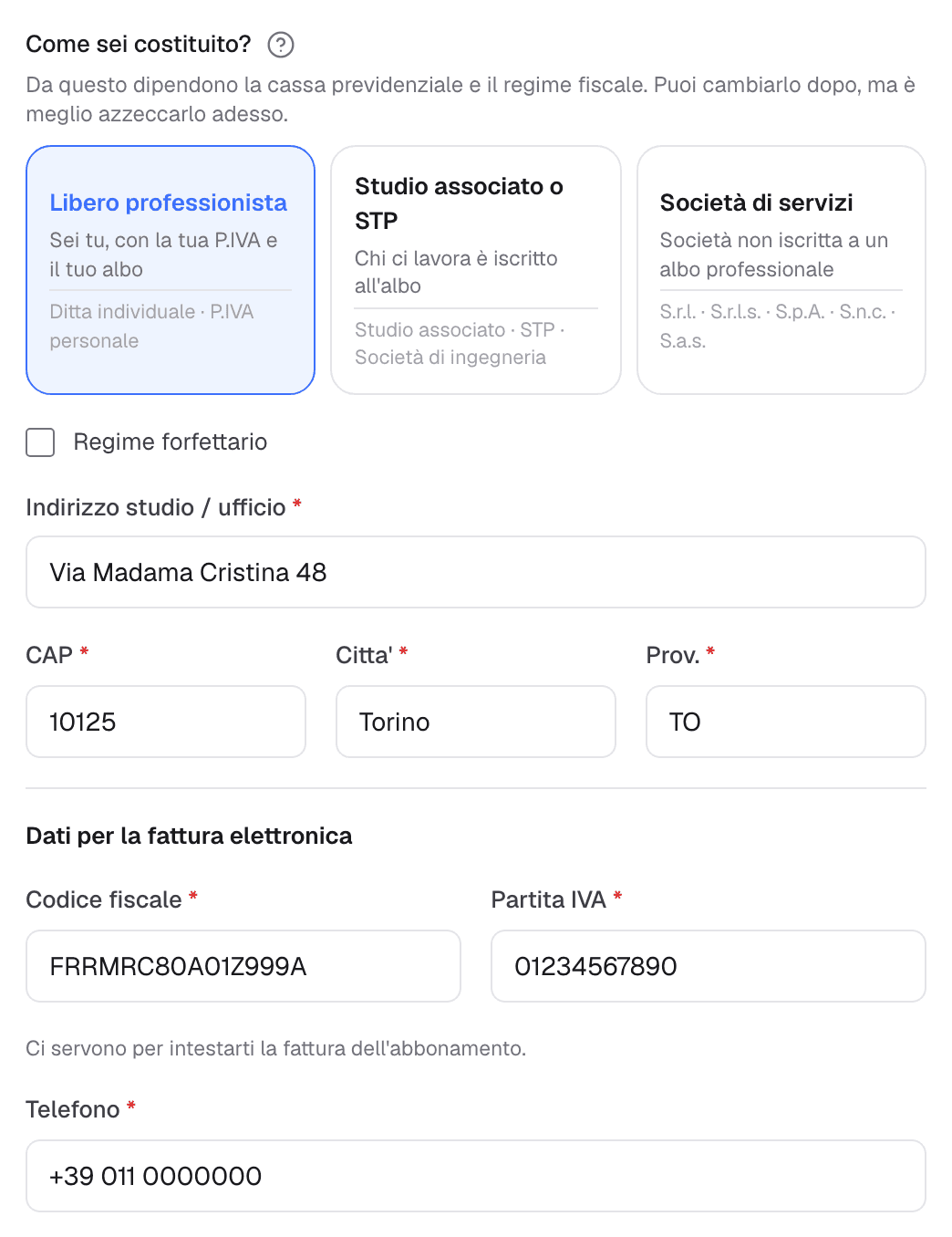 Configurazione dell'ufficio tecnico con forma giuridica, indirizzo dello studio, codice fiscale, partita IVA e telefono
