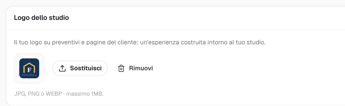 Card Logo dello studio nel profilo di tecniGo Studio con il logo caricato e i pulsanti Sostituisci e Rimuovi