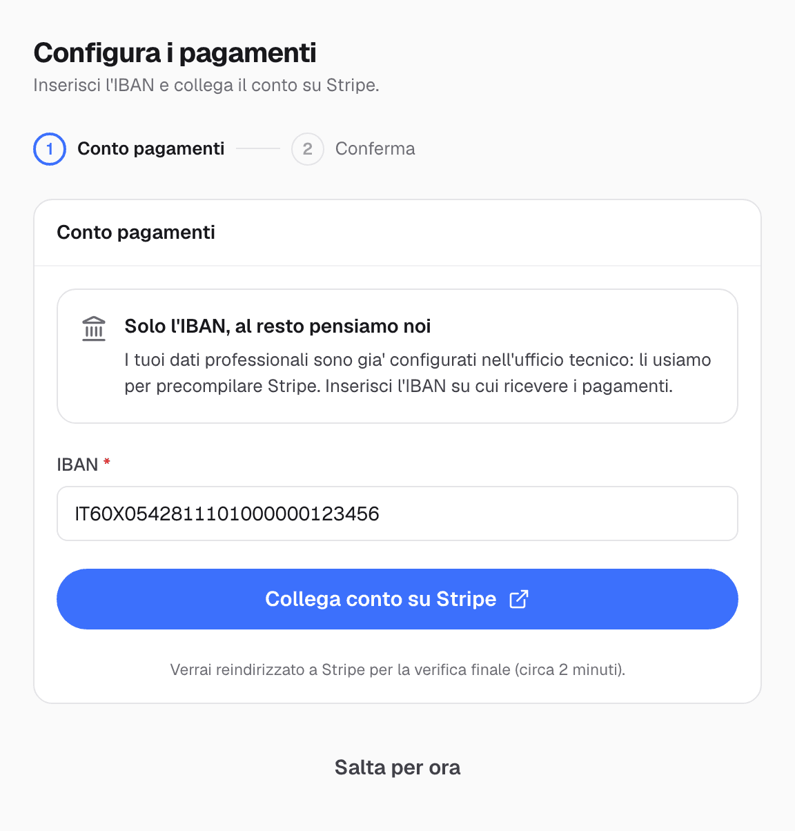Schermata Configura i pagamenti di tecniGo Studio con il campo IBAN e il pulsante Collega conto su Stripe