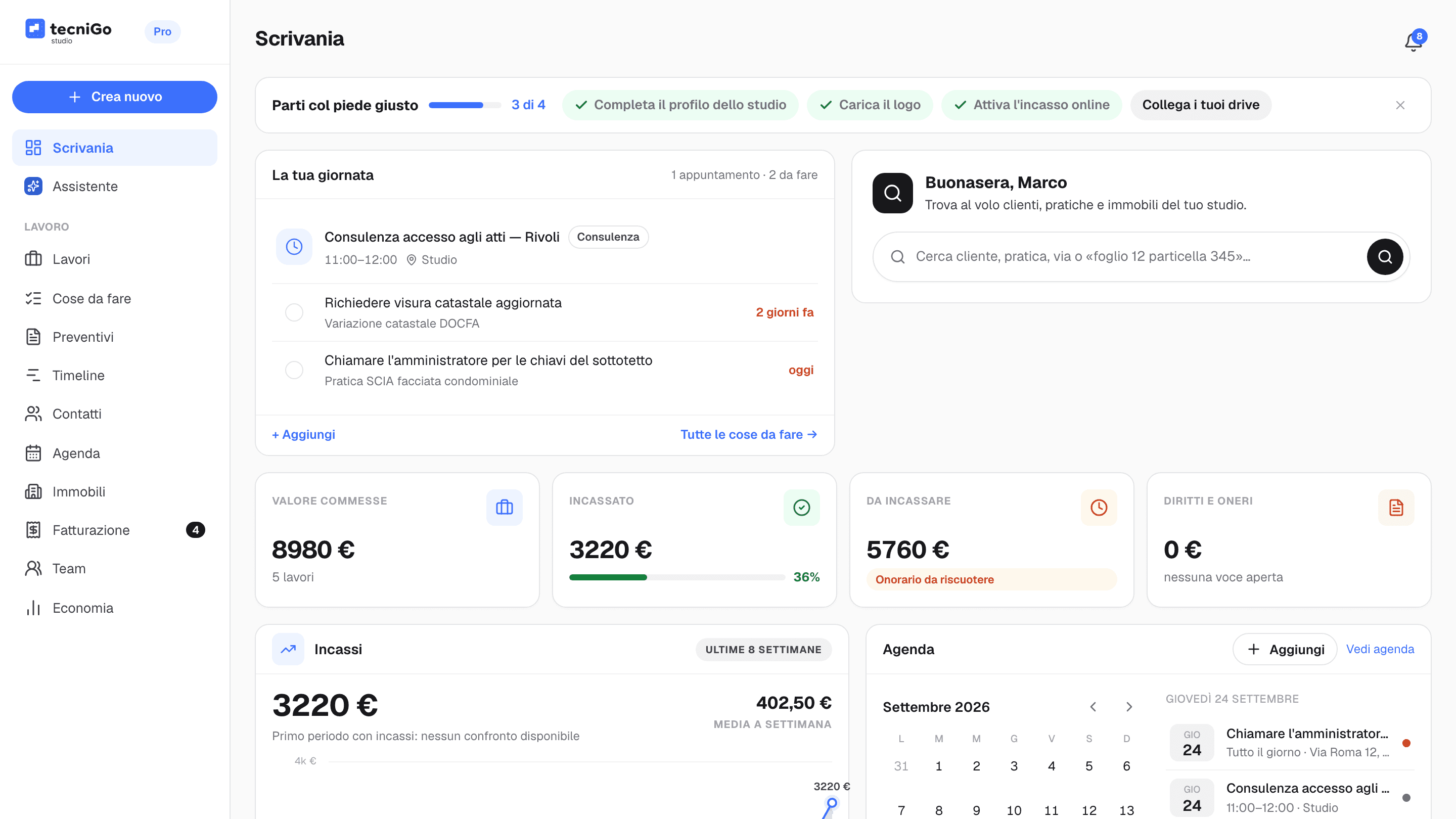 Scrivania di tecniGo Studio con la checklist Parti col piede giusto, la giornata, gli incassi e l'agenda del mese di uno studio tecnico