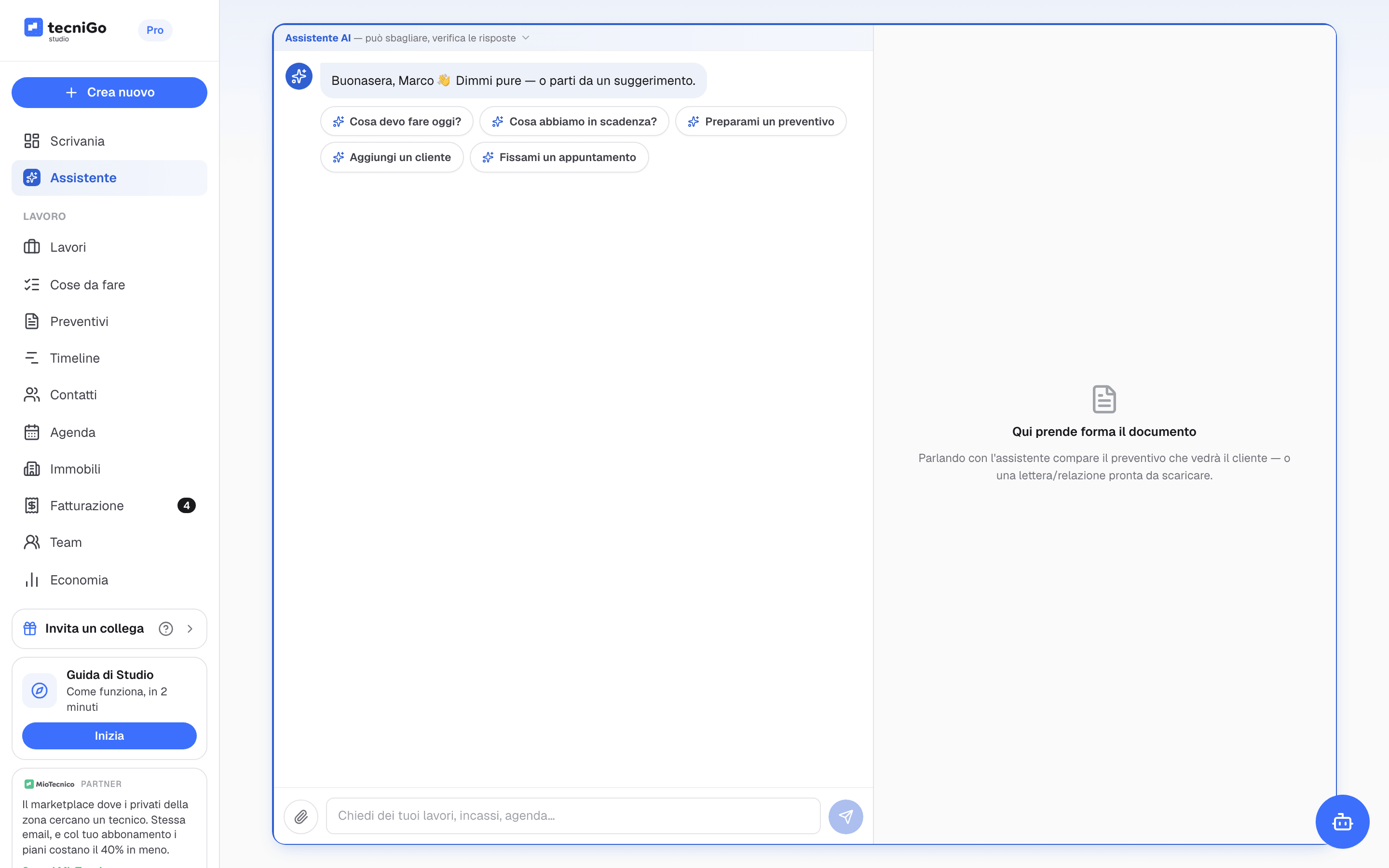 Chat dell'assistente AI con il saluto e i suggerimenti Cosa devo fare oggi, scadenze, preventivo e appuntamento