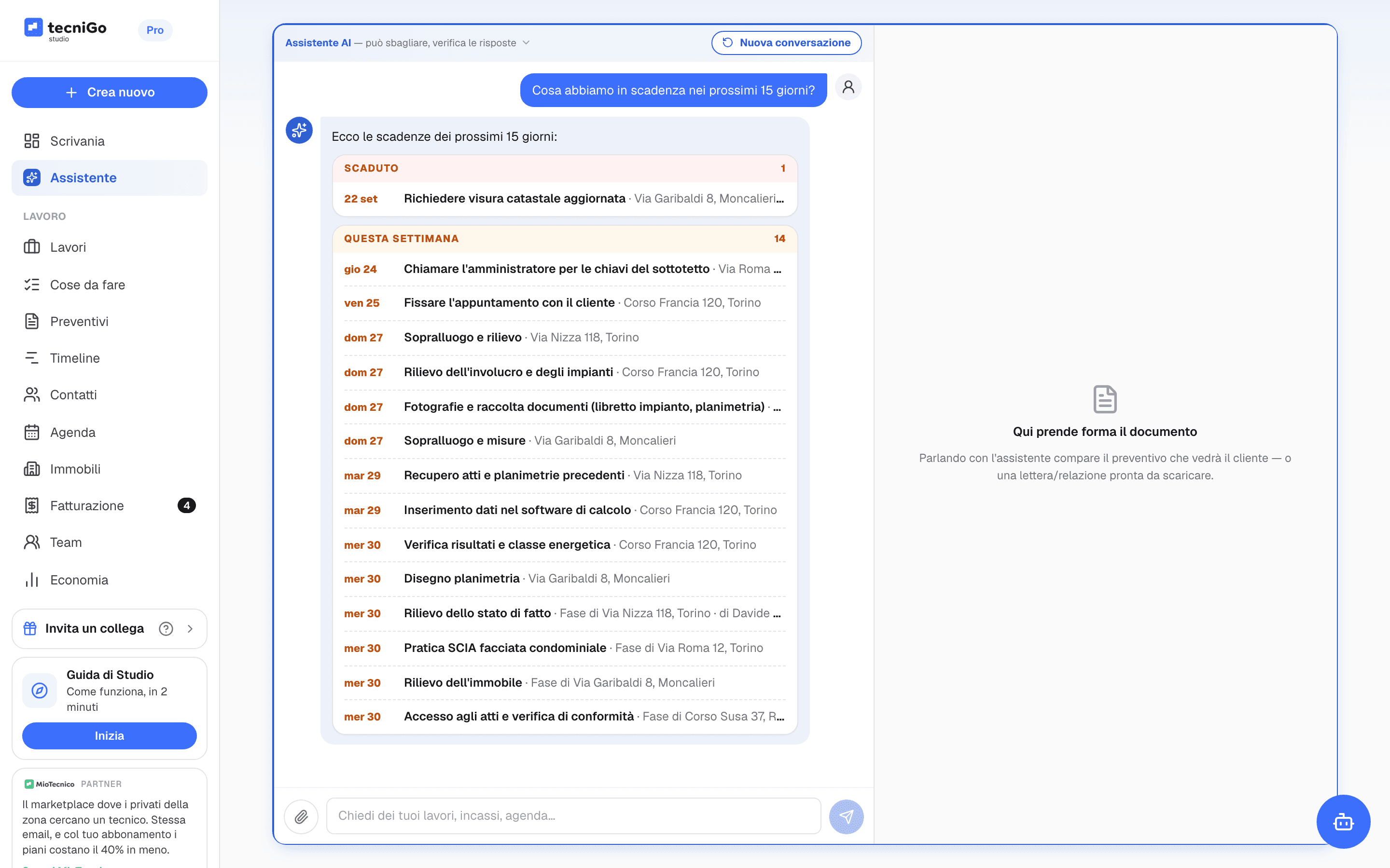 Risposta dell'assistente AI con le scadenze delle pratiche dello studio nei prossimi quindici giorni