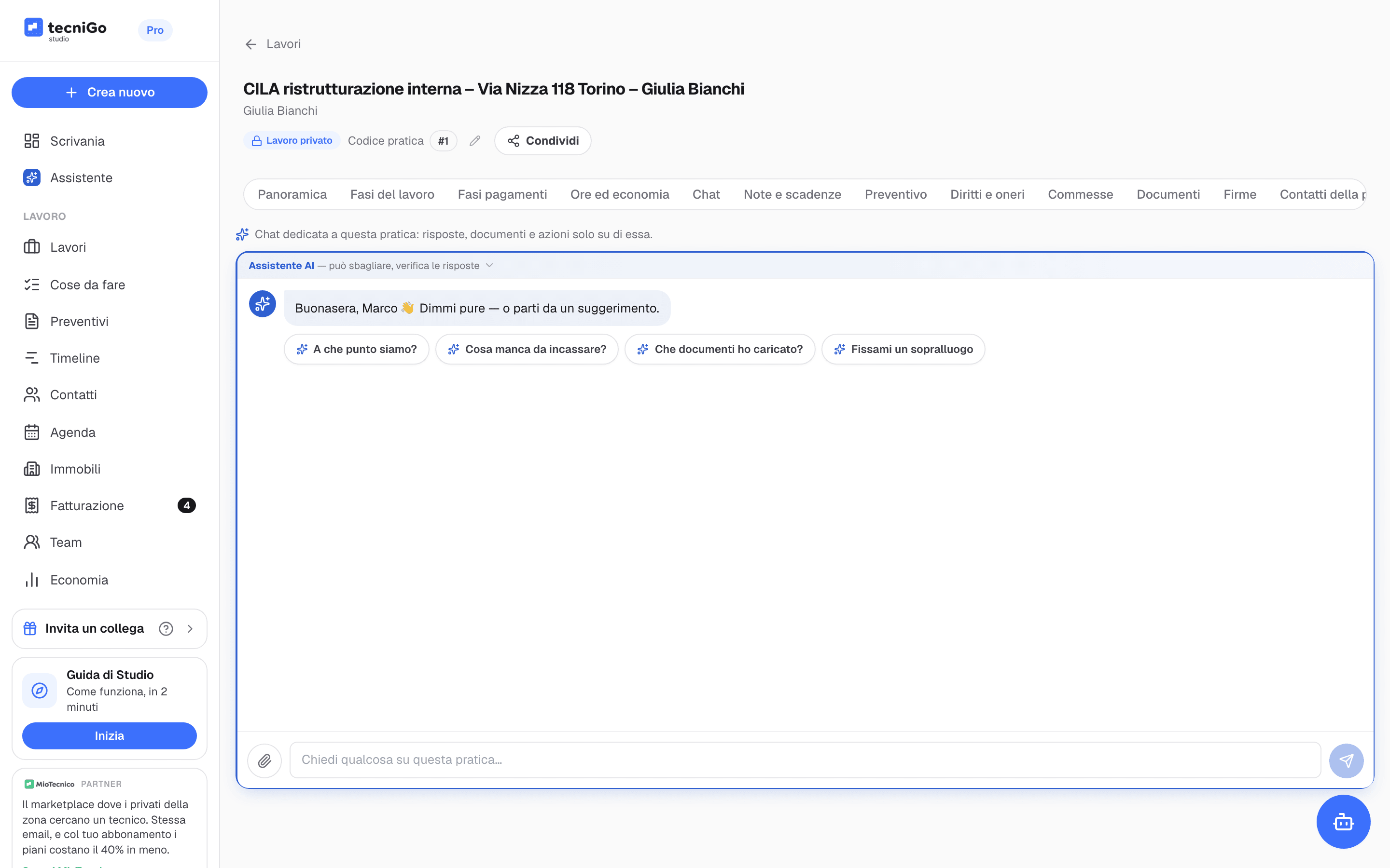 Assistente dentro una pratica con i suggerimenti A che punto siamo, Cosa manca da incassare e documenti