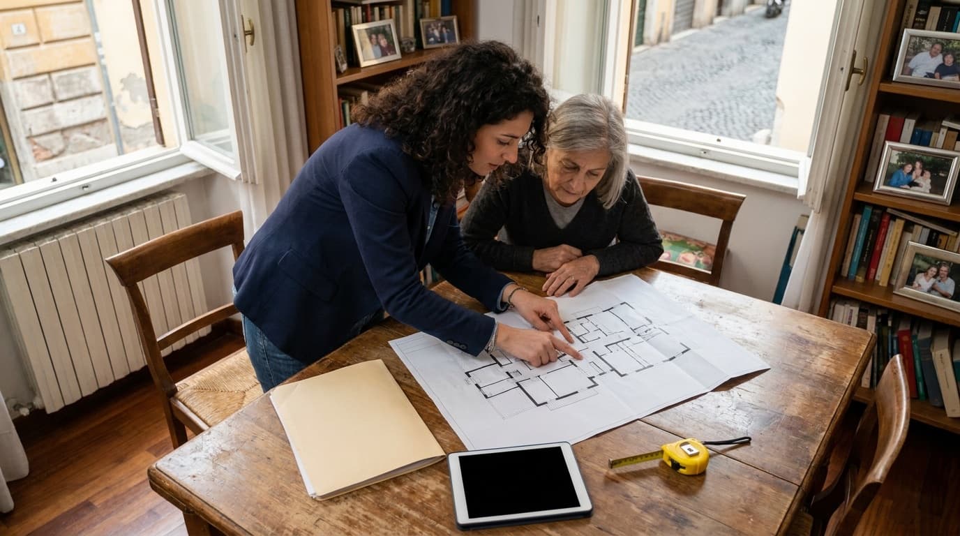 Giovane geometra in blazer blu indica una planimetria a una signora anziana al tavolo di casa, con tablet e metro a nastro accanto