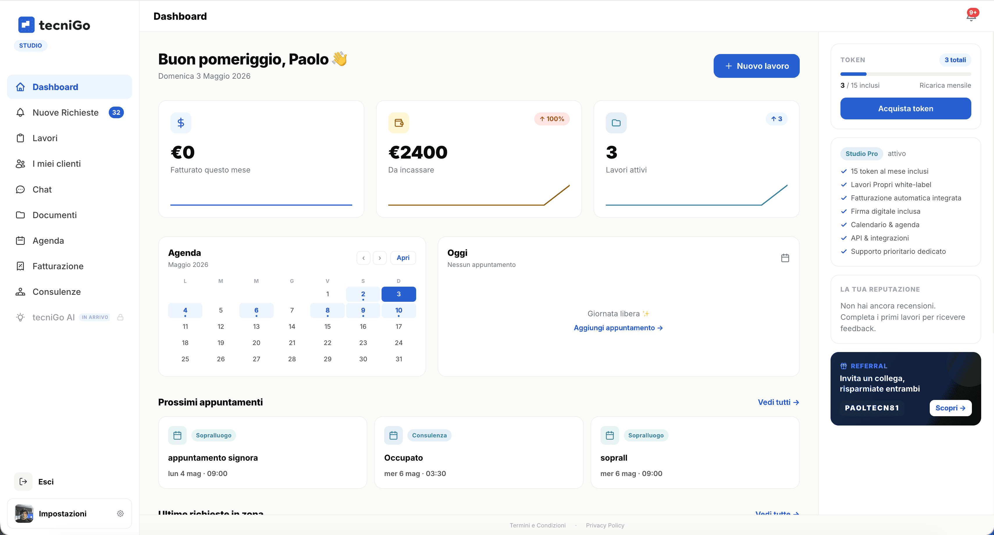 Dashboard gestionale per studio tecnico tecniGo Studio