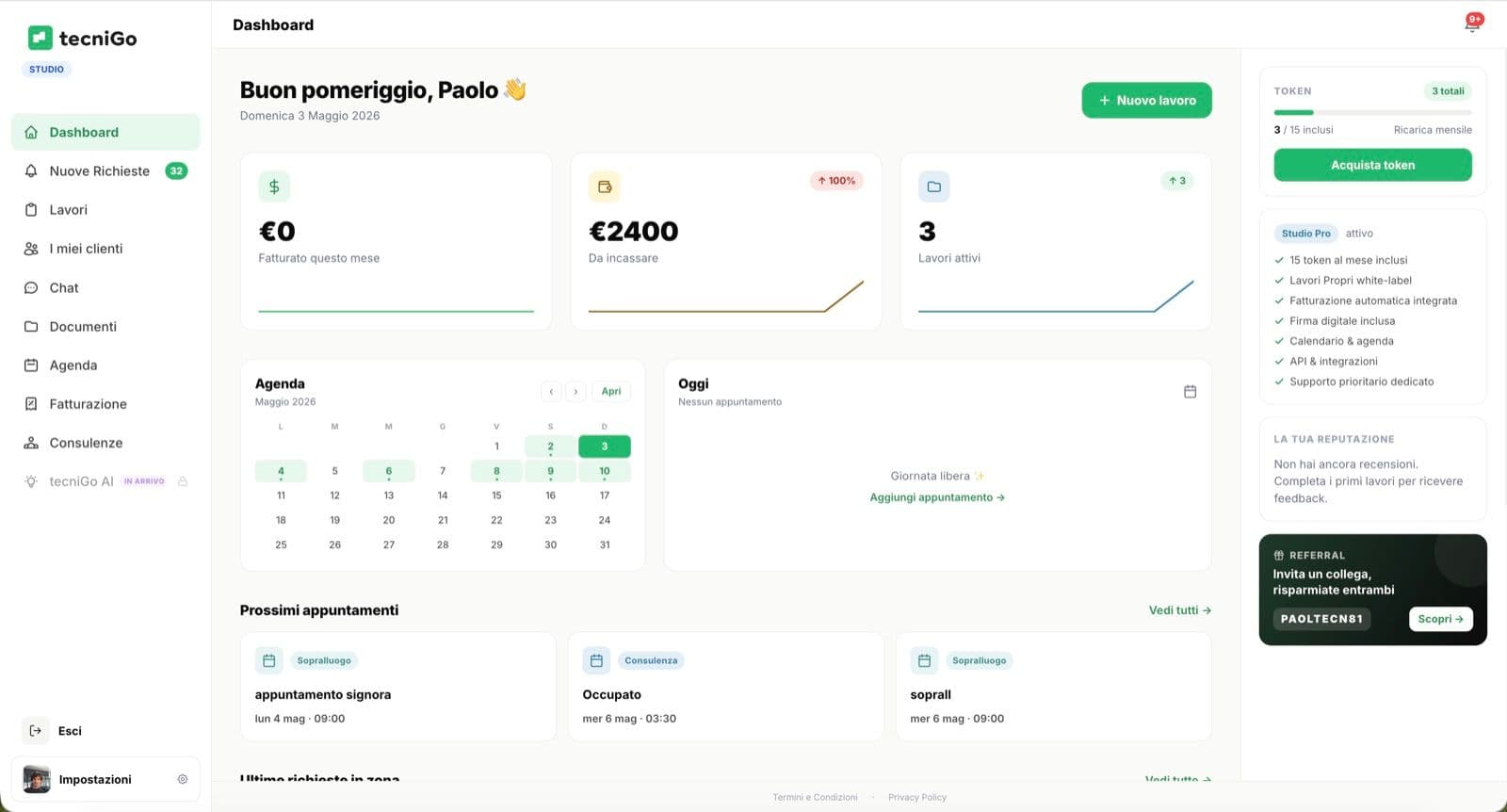 Anteprima dashboard tecniGo Studio per pratiche documenti pagamenti e lavoro quotidiano dello studio tecnico