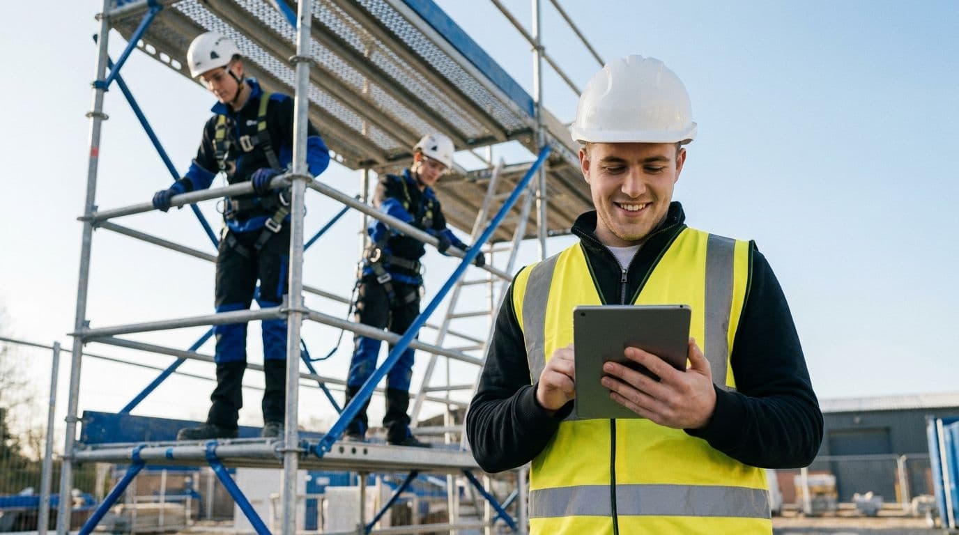 Coordinatore per la sicurezza con tablet che verifica i documenti di un'impresa in un cantiere edile, operai con casco e DPI sullo sfondo