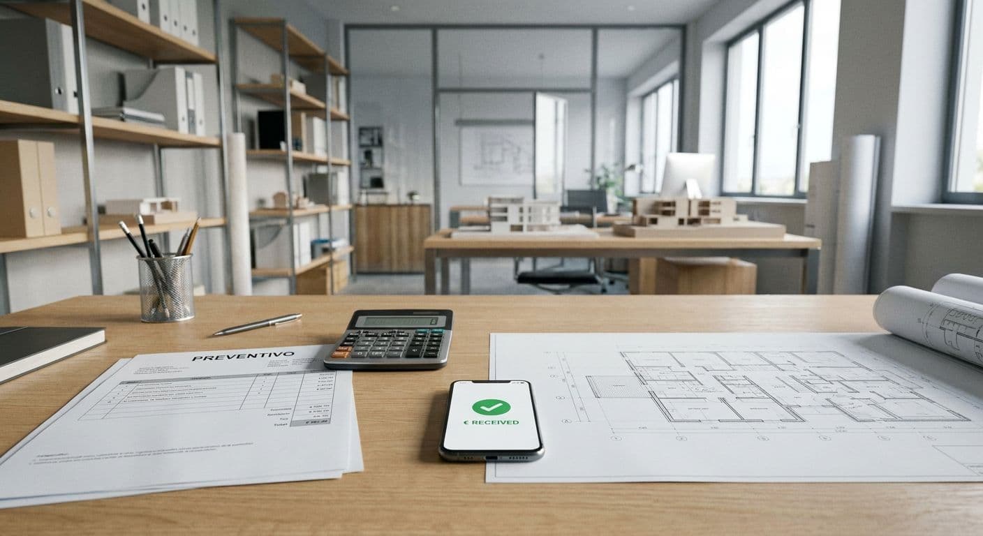 Scrivania di uno studio tecnico con preventivo, calcolatrice e smartphone che mostra un pagamento ricevuto