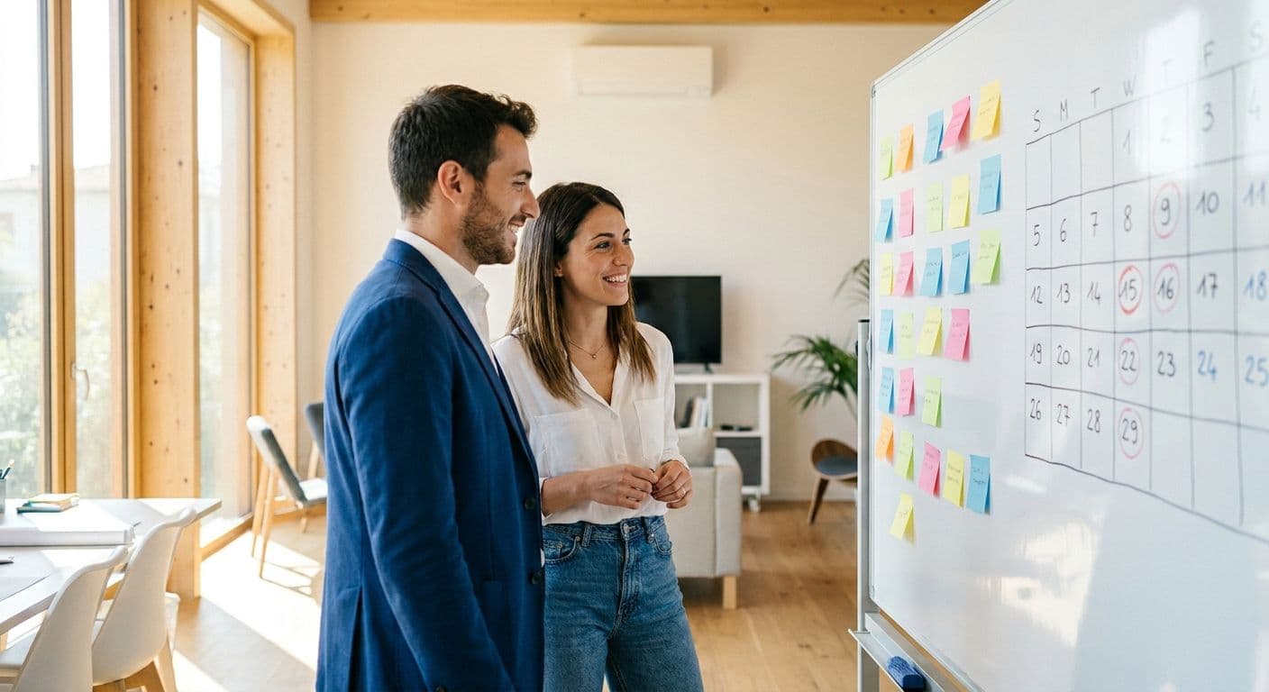 Geometra e architetta giovani che confrontano insieme lo scadenzario delle pratiche su una lavagna con post-it e calendario, in uno studio tecnico luminoso
