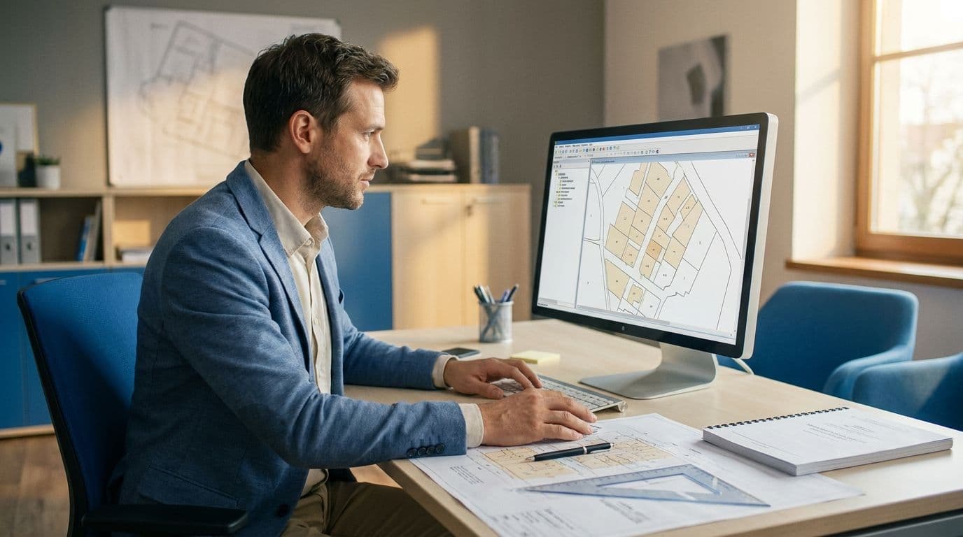 Tecnico che compila una pratica DOCFA al computer con planimetria catastale e relazione tecnica sulla scrivania, per valutare l'obbligo di aggiornamento catastale dopo lavori edilizi