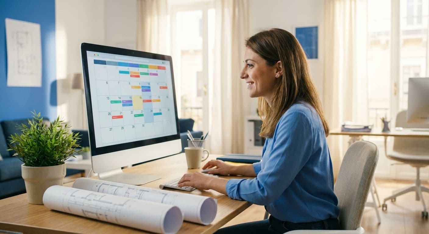 Giovane geometra sorridente in studio tecnico che controlla lo scadenzario digitale delle pratiche sul computer