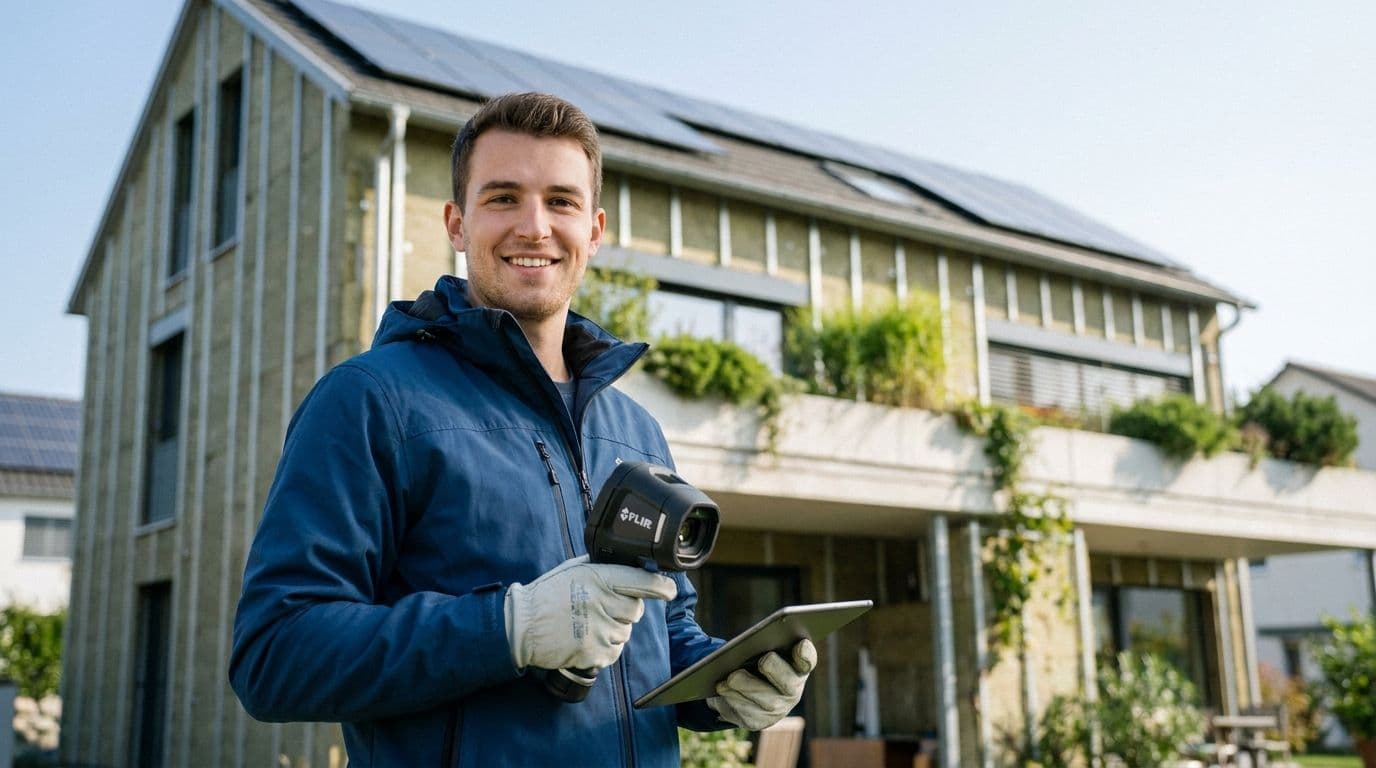 Tecnico che esegue una diagnosi energetica di un edificio con termocamera e tablet, con cappotto termico e pannelli fotovoltaici sullo sfondo