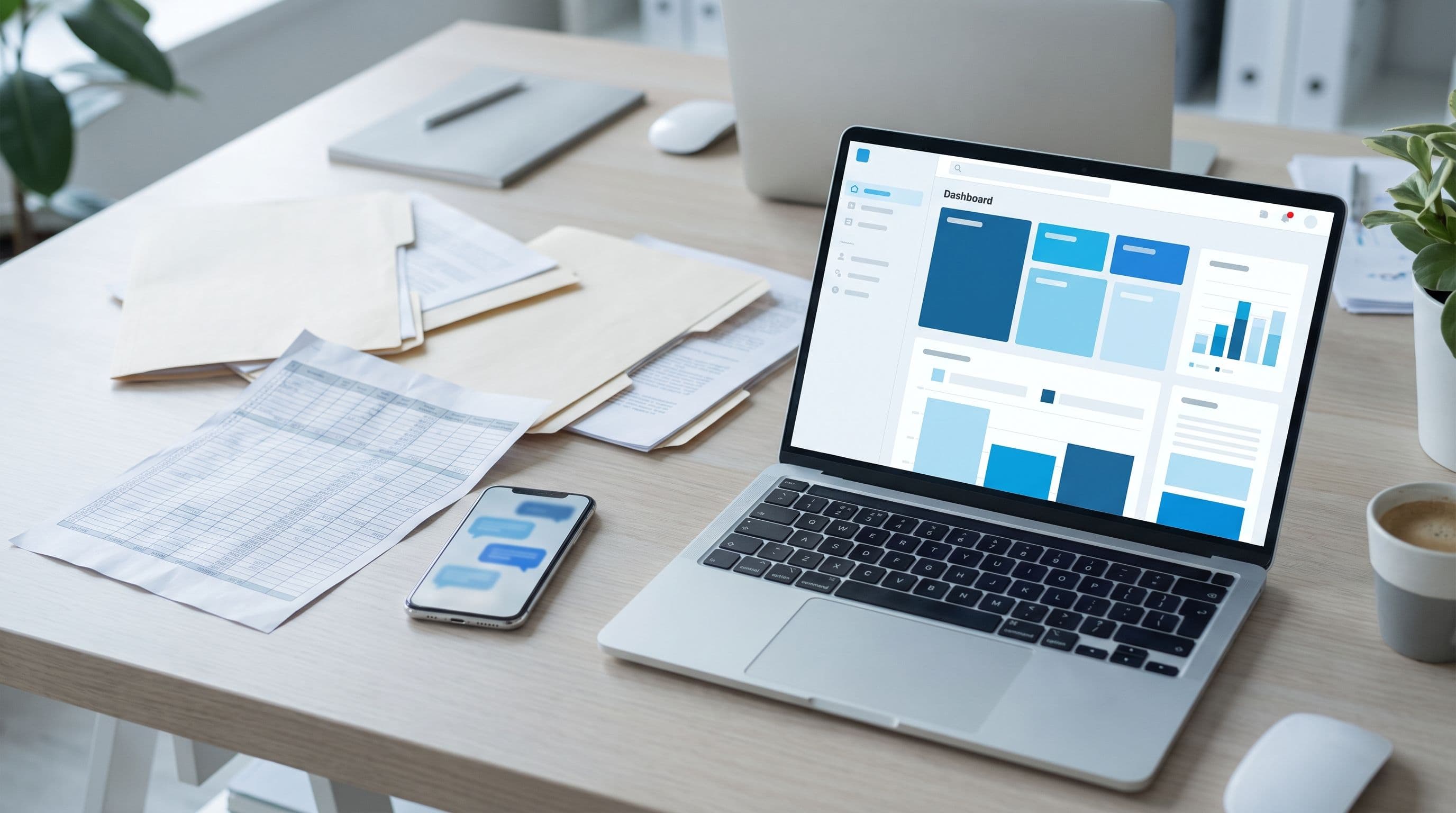 Scrivania di uno studio tecnico: a sinistra fogli Excel, telefono con chat e cartelle sparse; a destra un laptop con la dashboard ordinata di un gestionale