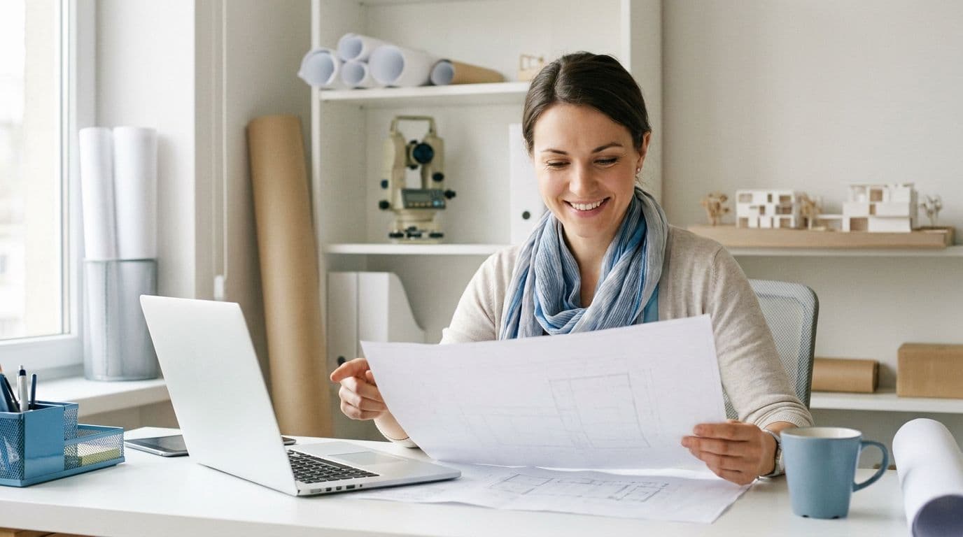 Giovane geometra sorridente al lavoro nel suo studio con documenti e computer, tema riforma delle professioni 2026