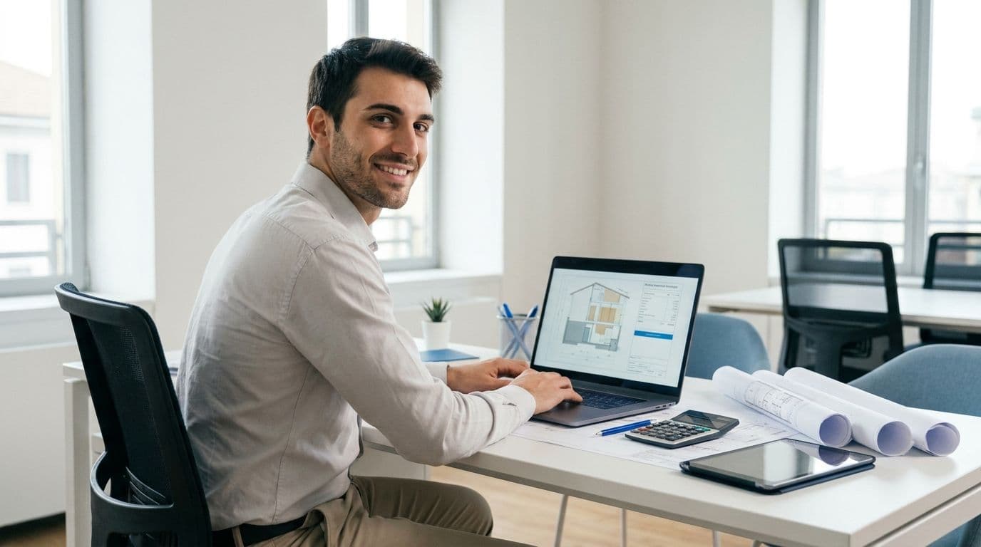 Geometra che al computer prepara il computo metrico e la documentazione per un bonus edilizio 2026, con planimetria e calcolatrice sulla scrivania