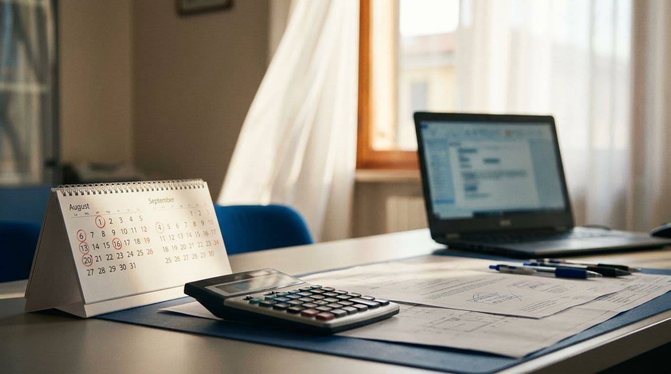 Scrivania di uno studio tecnico in estate con calendario aperto su agosto-settembre, calcolatrice e documenti per le scadenze contributive CIPAG e INARCASSA