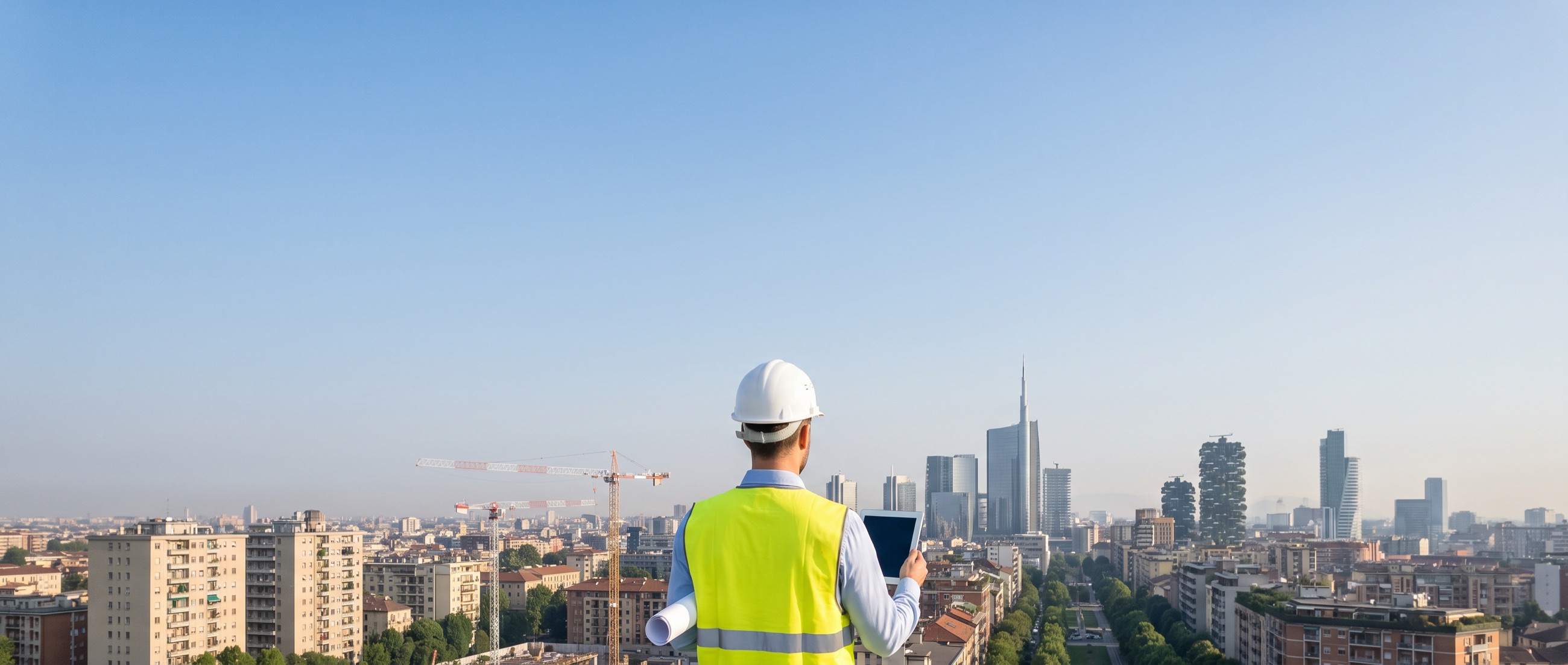 Un geometra con casco e tablet guarda lo skyline di Milano dal tetto di un palazzo